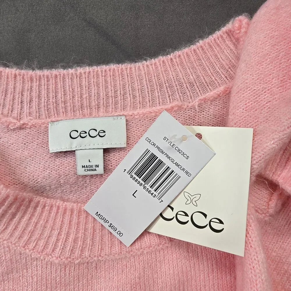 CECE Womens Large “Better Not Pout” Christmas Knit Sweater Top Pink